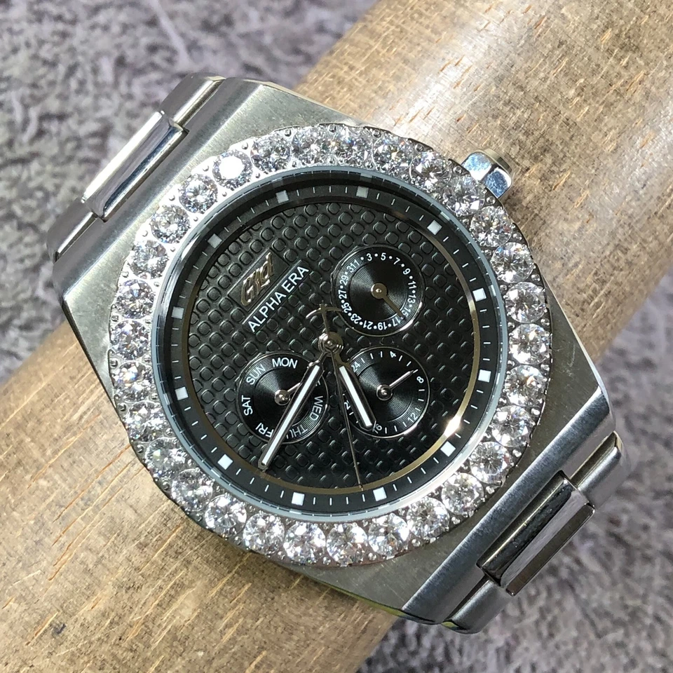 Reloj de cuarzo GLD Alpha Era para hombre moda pavimentado día fecha tono plateado 42 mm 7 1/2" Foto 1 de 4