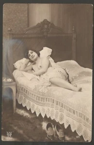 Real Photo Studio Sensual Woman Semi Nude In Bed Postcard #121 Paris 5 1/2x3 1/2 - Picture 1 of 2
