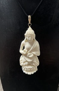 Buddha Lotus Meditate Sterling Silver 925 Hand Carved Bone Cow Pendant Necklace - Picture 1 of 3
