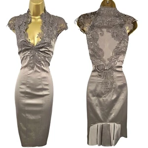 16 UK KAREN MILLEN Taupe Brown Vintage Satin Lace Neck Tuxedo Pencil Dress - Picture 1 of 13