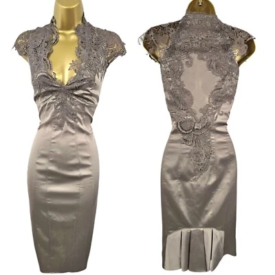 16 UK KAREN MILLEN Taupe Brown Vintage Satin Lace Neck Tuxedo Pencil Dress - Image 1 of 4