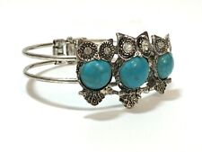 Womens Silver Tone Faux Turquoise Owl Cuff Bracelet Unmarked Rhinestone Accents