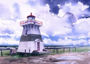 Big Tignish Lighthouse Prince Edward Island Canada. James Mann Watercolor Prints - Picture 1 of 2