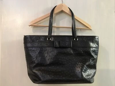 Kate Spade Harmony Valencia Road 鸵鸟纹理皮革托特包蝴蝶结黑色 — 第 1/4 张图片