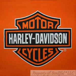 BonEful Fabric FQ Cotton Quilt Panel Block VTG Orange Black Harley Davidson Logo - Picture 1 of 11