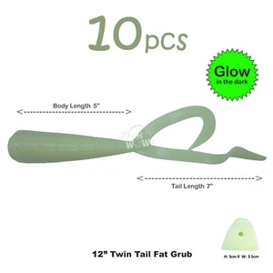 10 Stück Glow 12" (mit verlängertem Schwanz) Twin Tail Barsch Maden fette dicke Scampi Köder - Bild 1 von 8