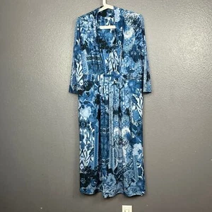 Chico's Size 2 Maxi Dress US 12 Blue Tapestry Paisley Floral Jersey Knit Pockets - Picture 1 of 6