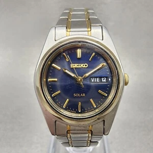 Seiko Solar Watch Women 25mm Blue Dial Two Tone Daydate Round V138-0AA0 Runs - Picture 1 of 11