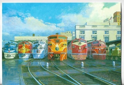 NEW LEANIN' TREE Christmas Card 4.75x6.75 Dallas Streamliners Trains - Image 1 of 3