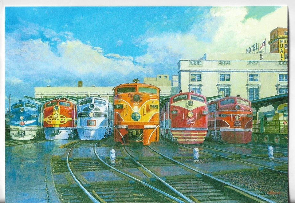 NEW LEANIN' TREE Christmas Card 4.75x6.75 Dallas Streamliners Trains - Image 1 of 3