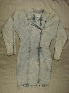80's VTG Paris Blues acid washed Denim Bodycon Dress Juniors 7 XS-S Moto Zipper - Picture 1 of 8