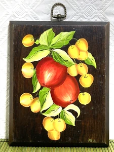 VTG Hand Painted Apples Yellow Cherries Dark Wood Plaque Wall Decor 9x7" Signed - Picture 1 of 6