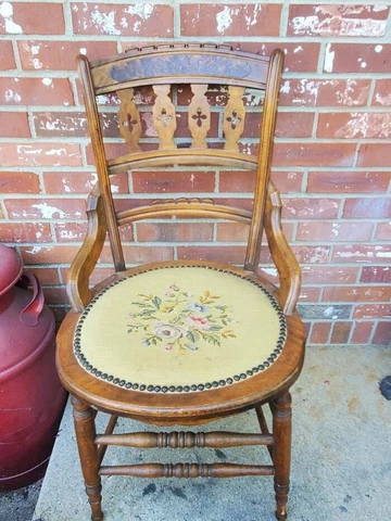 Antique Walnut Chair Yellow Needlepoint Ornate Carved Backrest Spindles #6 Cover