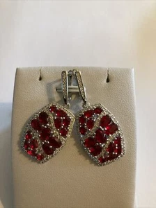 Red Ruby White CZ Cluster Leverback Earrings  - Picture 1 of 4