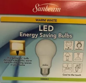Sunbeam 60W LED DIMMABLE A19 Light, ENERGY STAR, 800 Lumens, 3000K WHITE 9.5 - Picture 1 of 12
