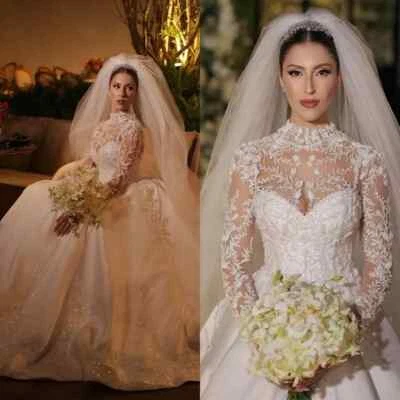 Long Train Ball Gown Wedding Dresses Classic High Collar Long Sleeve Bridal Gown - Image 1 of 4