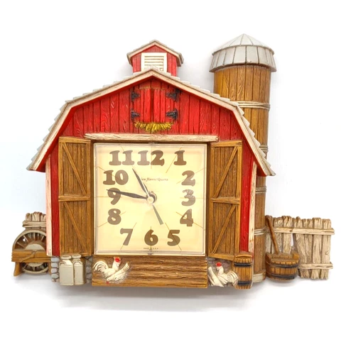 Vintage Burwood New Haven Wall Clock Barn Farm Barnyard Silo Battery Works NUC Cover