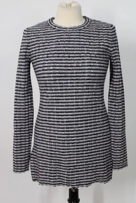 Theeory S Blue Gray Stripe Wool Blend Belira Evian Texture Rib Stretch Sweater - Image 1 of 4