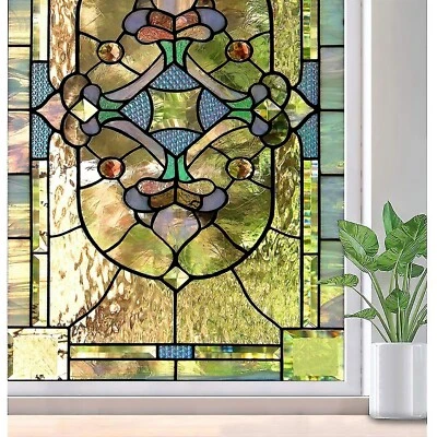 Geometrical Stained Glass Window Covering, Colorful Frosted Privacy Static Cling - Image 1 of 4