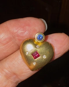 18K Herz Anhänger blauer Saphir Diamanten & Rubellit? Signiert S. M. Sadler - Bild 1 von 12