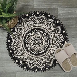 Alfombra Pequeña Redonda 2.3’ Negra Mandala Boho Alfombras de Baño con Pompones Flecos Wa... - Imagen 1 de 7