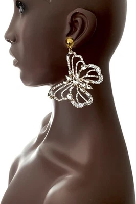Pendientes Mariposa 4" Largos Cristales Transparentes Drag Queen Desfile, Perforados Foto 1 de 4