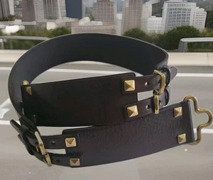 Ralph Lauren Leather Brass Buckle Clip/ Studs Wide Brown Belt Women's Size M - Picture 1 of 12