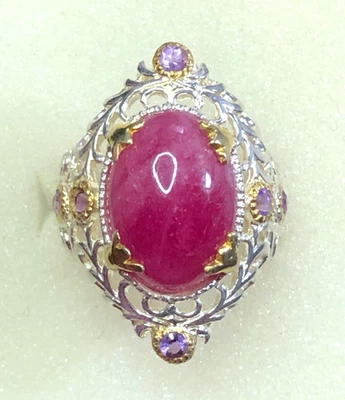 Sterling Silver Pink Ruby Ring Gold Amethyst Accents 925 16x12 Sz 8 9g 4211 - Image 1 of 4