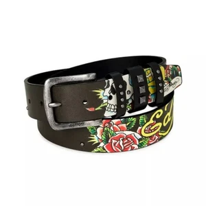 Ed Hardy Gürtel Gr. 34 Schwarz Bonded Leder VB91621EHQA Rosen Totenkopf Herren - Bild 1 von 16