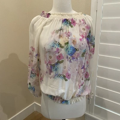 Patrizia Pepe Blouse Crepe Silk Pastel Floral Open Split Back Semi-sheer 44/S - Image 1 of 4