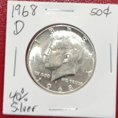 Medio dólar Kennedy 1968 D 50c plata AU? 40% fino oferta de apertura baja ¡solo 1 centavo! Foto 1 de 4