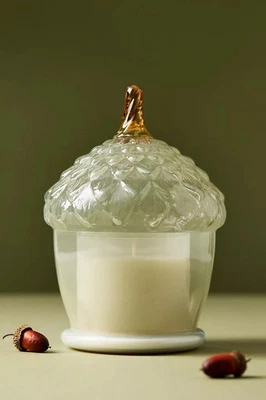 NUEVO Anthropologie Vela Cloche Bellota Cuero Leñoso y Hojas Vidrio Foto 1 de 4