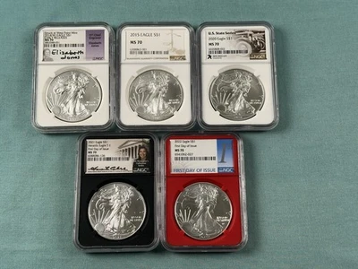 5 Pc Lot American Eagle 1 oz Silver Coins Flawless MS70 NGC 2014-2022 - Image 1 of 4