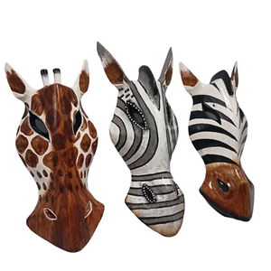Tier Holz Masken Zebra Giraffe Pferd Handschnitzerei Safari Wanddekor 8 Zoll - Bild 1 von 13