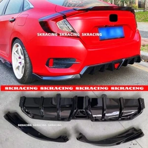 For 2016-2021 10th Honda Civic Sedan Glossy Black Rear Bumper Diffuser W/ Light - Picture 1 of 10