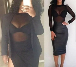 Sheer Black Mesh Top Long Sleeve Shirt See Through Sexy Mock Neck Soft Stretchy - Picture 1 of 10