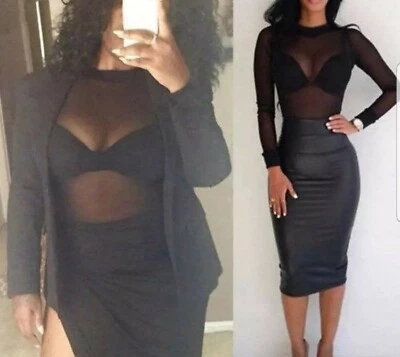 Sheer Black Mesh Top Long Sleeve Shirt See Through Sexy Mock Neck Soft Stretchy - Image 1 of 4