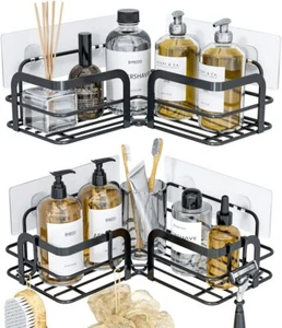 Corner Shower Caddy Shelf Storage Rack with Hooks, Adhesive No Dril 2 Pack Black - Picture 1 of 9
