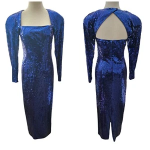 Vintage Oleg Cassini Pailletten Kleid Blau Langarm Formell Größe 6 - Bild 1 von 10