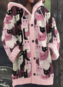 Super Cozy 8/10 Pink CAT LOVER Knit Sweater Cardigan Handmade Cats Buttons - Picture 1 of 5