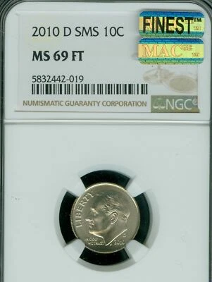 2010 D ROOSEVELT DIME NGC MS69 FT SMS PQ MAC FINEST REGISTRY MAC SPOTLESS * - Image 1 of 2