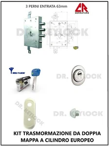 KIT SERRATURA COMPLETO PER PORTA BLINDATA A CILINDRO EUROPEO PER MOTTURA 3 PERNI - Picture 1 of 3