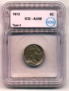 1913 Type 2 Buffalo Nickel~Graded AU58 ICG - Picture 1 of 2