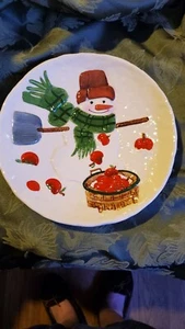 Hallmark Jan Karon Ceramic Christmas Plate Snowman With Shovel and Apples 9.5" - Picture 1 of 4