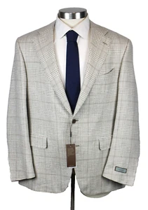 $1850 Canali Sport Coat 46 R (56 EU) Mens Greige White Plaid Wool Linen Slim Fit - Picture 1 of 12