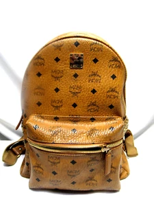 MCM Visetos Coated Cognac Backpack With Side Gold Studs Backpack - Picture 1 of 17