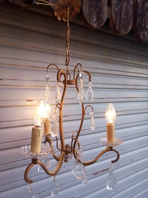 Ancien lustre cage 3 feux à pampilles de cristal / complet en état de marche - Photo 1/4