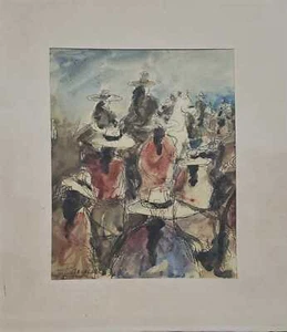 Antike Zeichnung Aquarell von Portocarrero - Original & Signiert / Zeitgenössisch - Bild 1 von 4