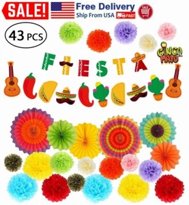 43Pcs Mexican Fiesta Party Cinco de Mayo Party Decorations Set Paper Fans Banner - Picture 1 of 10