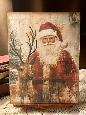 Rustic Santa,  Reindeer, Old Fashioned Christmas, Handcrafted Plaque / Sign #1 - Image 1 of 3